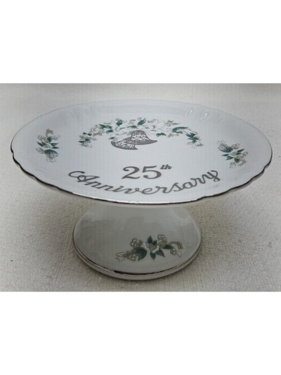 Lefton Other - 25th Anniversary Pedestal Cake Stand Silver Jubilee Wedding Bells Compote